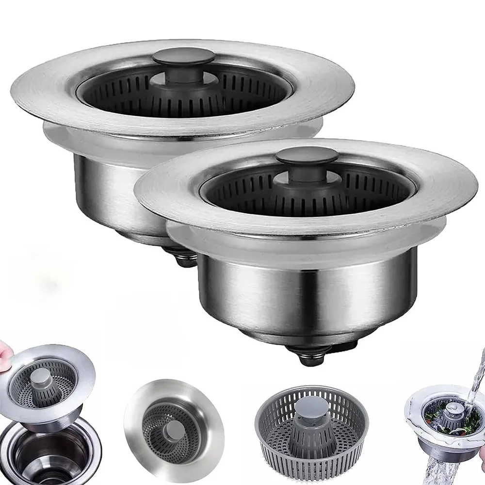 

Kitchen Filter Sink 3 In 1 Pop Up ABS Silver Plated Sink Strainer Drain Basket Stopping Blockage Bouncing Core Leak-proof Plug