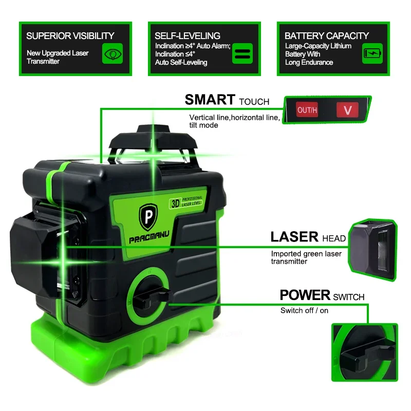 Pracmanu 3D Laser Level 12 Lines Laser Level Self-Leveling Horizontal and Vertical Cross Lines Super Powerful Green Beam