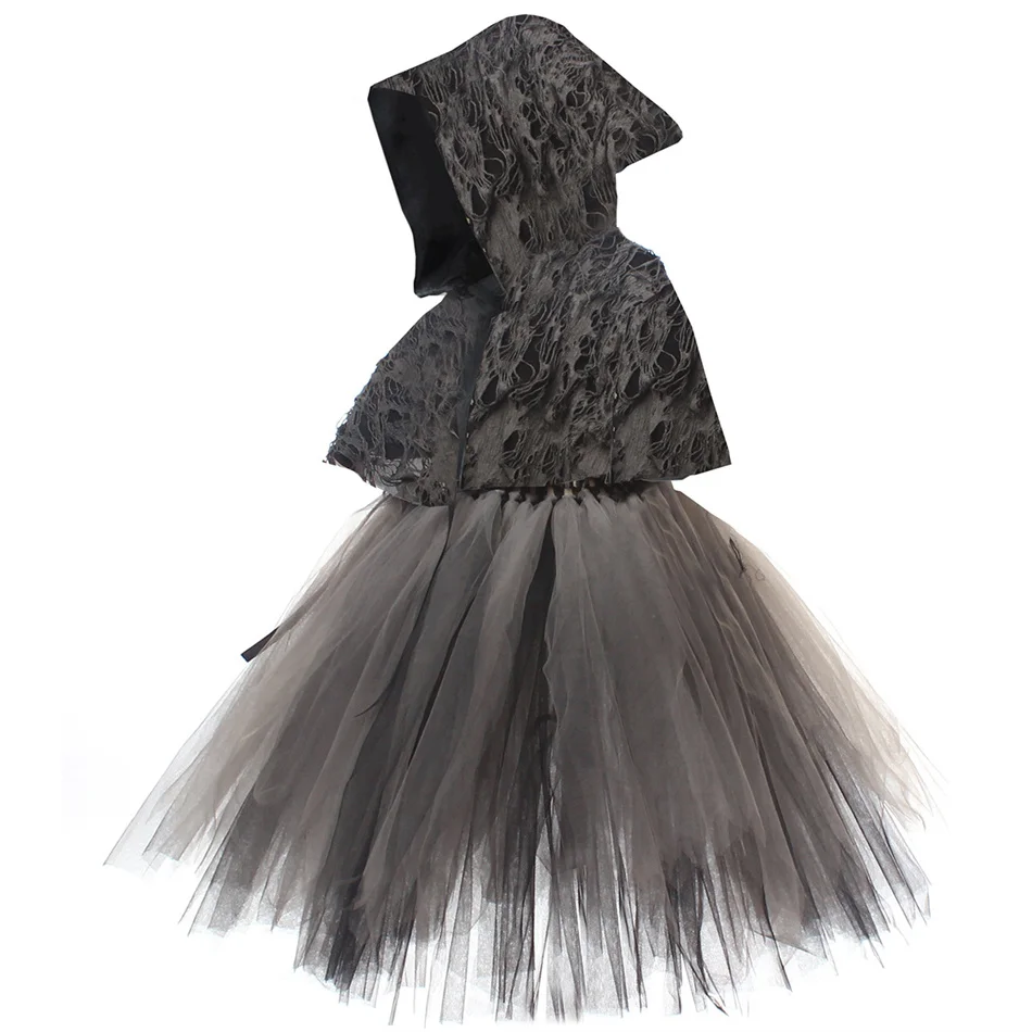 Girls Halloween Cosplay Mysterious Horror Death Fluffy Black Dress Children Scythe Cloak Stockings Set Masquerade Party Outfits