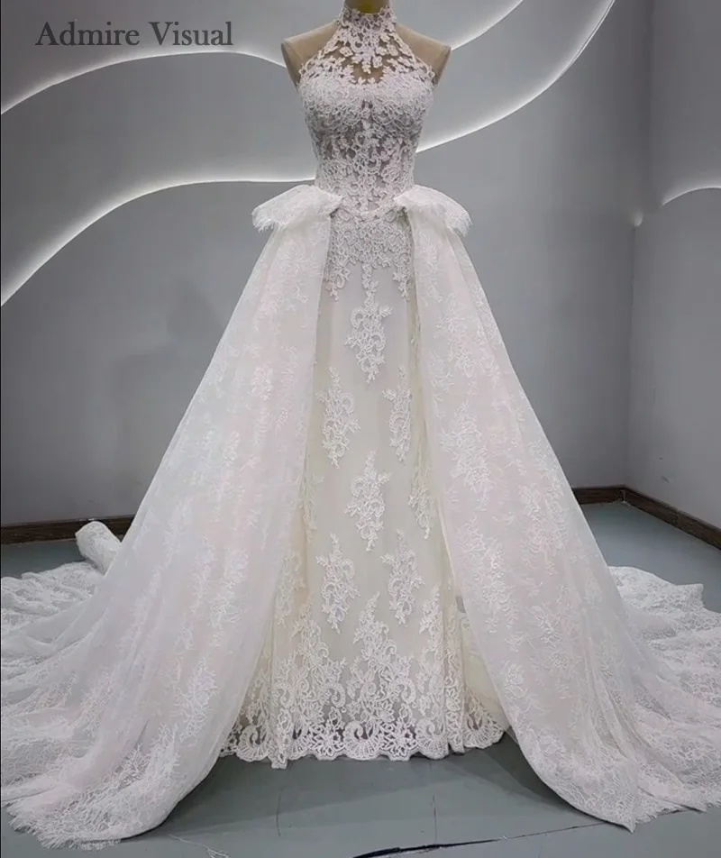 

New Arrive Wedding Dress Mermaid Lace Halter Neckline Sleeveless With Detachable Train Customized Bride Gown Vestidos De Novias