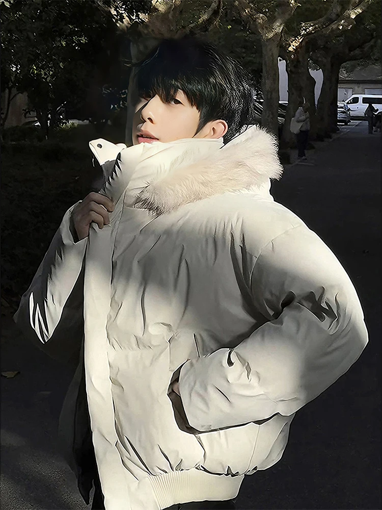 

White Thickened Short PU Leather down Cotton Jacket Men's Style Winter Removable Hood Bread Style Baseball Coat Youth Trend