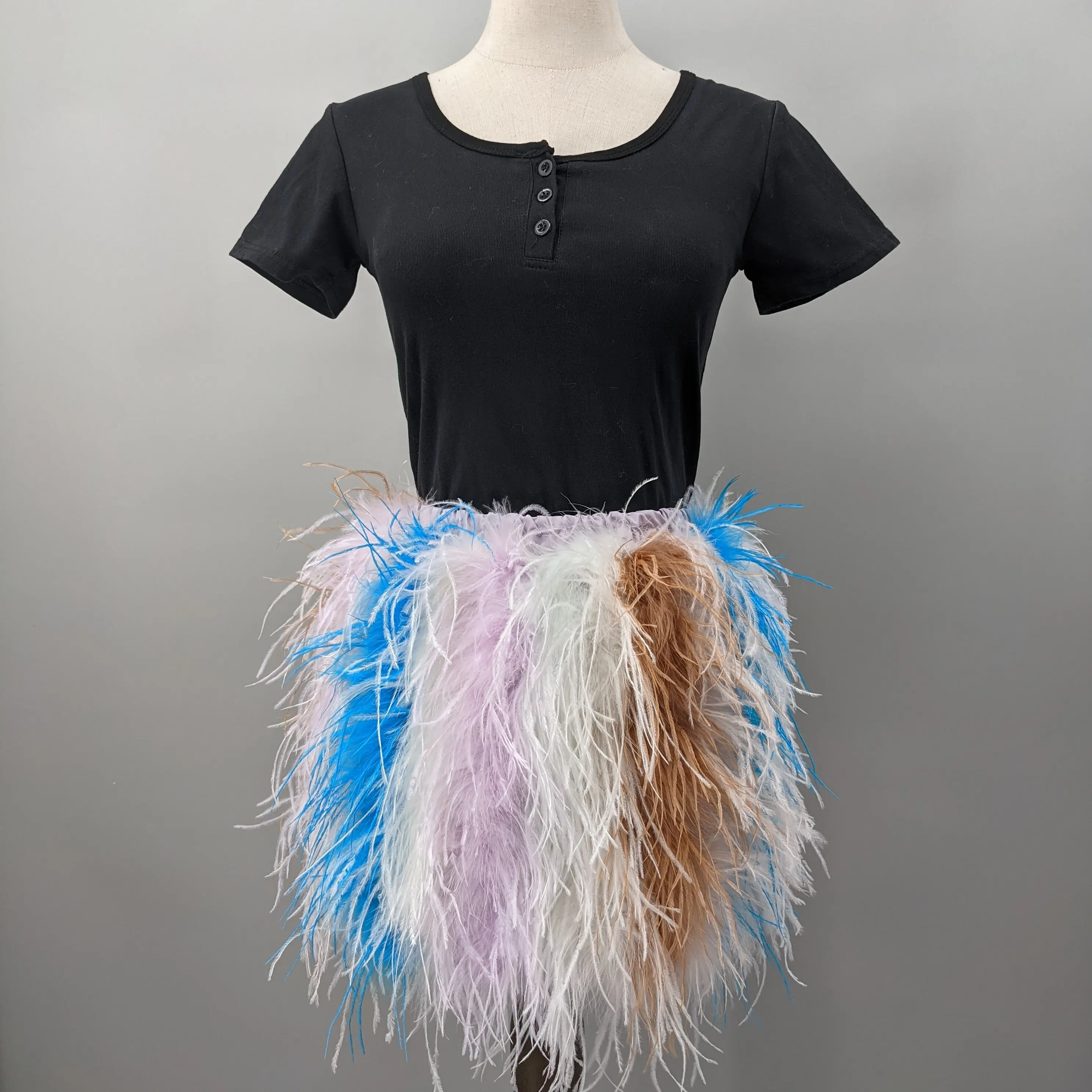 Women Multicolor Real Ostrich Feather Mini Skirt Elastic Waist Fluffy Color Block Skirt Y2K Club Festival Party Outfit 22A0602