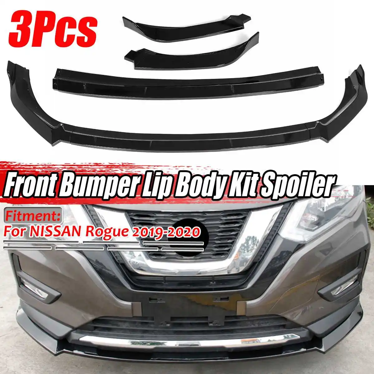 Black/Carbon Fiber Look 3 pieces Car Front Bumper Lip Deflector Lips Spoiler Guard Cover Trim 3PCS For NISSAN Rogue 2019-2020