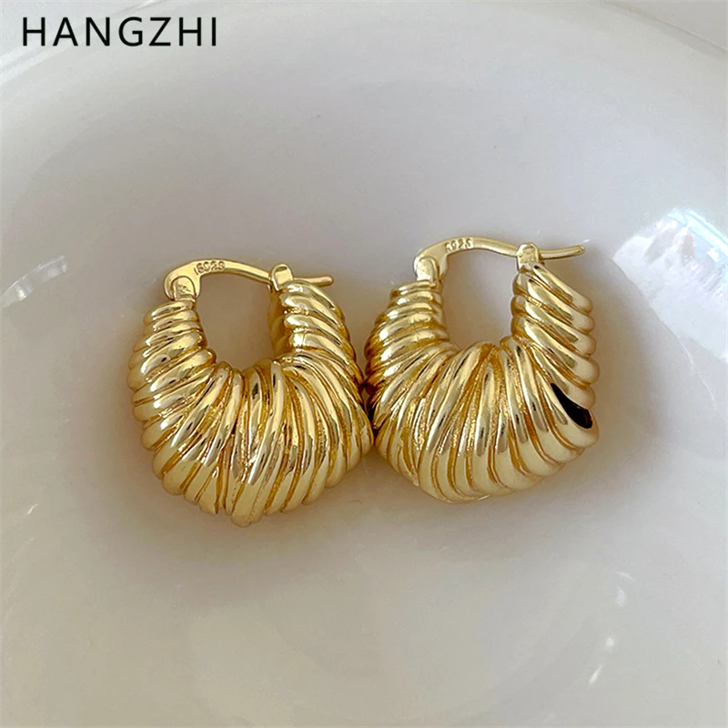 HANGZHI Metal Braided Chunky Hoop Earring Bread Shape Fashion Charm Gold Sliver Color Jewelry for Women 2024 New