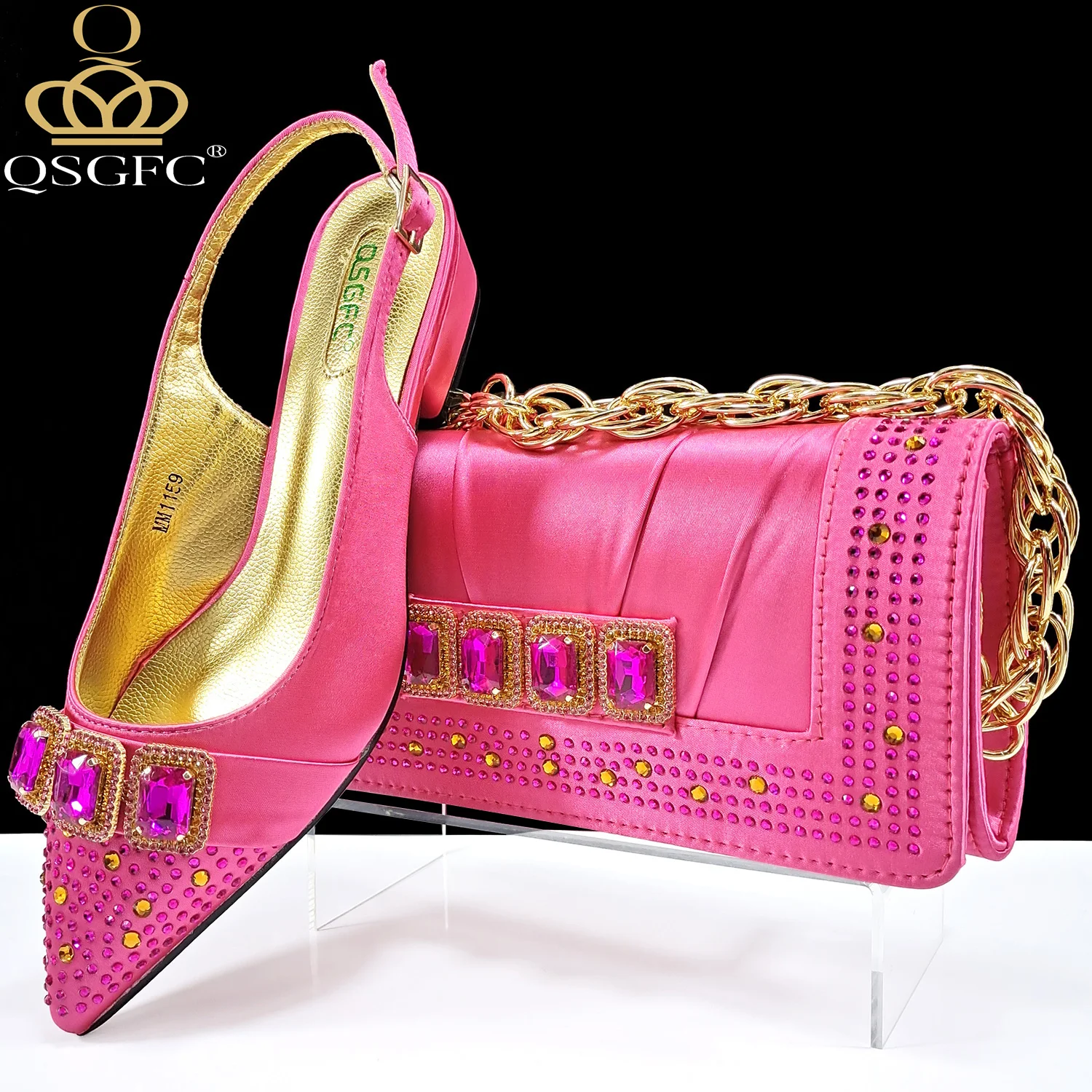 QSGFC 2024 Shiny Italian Fashion Pointed Toe Women Heel Fashion Rhinestone Decoration Fuchsia Color Shoes And Bag Set