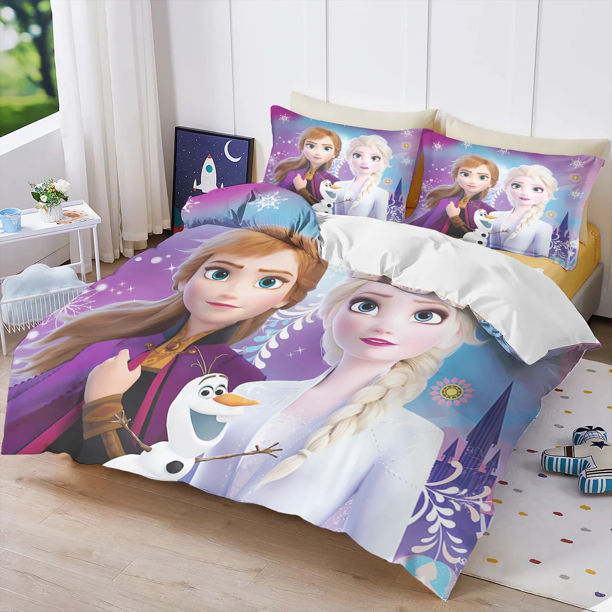 Frozen Duvet Cover，Elsa Anna Olaf Bedding Set，Anime Cartoon Children'S Bed Linen 135 X 200 cm for Girl'S Room 3pcs  (No Filling)