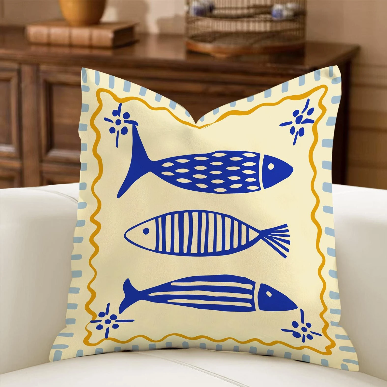 1PC Mediterranean Summer Throw Pillow Cover, Nautical Striped Coastal Sardine Lobster Mermaid Pattern Cushion Case, Dolce Vita H