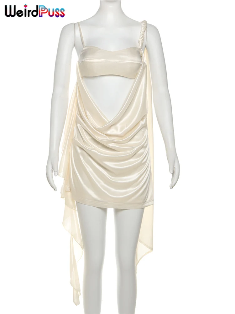Raar Poes Onregelmatige Sexy Jurk Vrouwen Plooien Enkele Schouder Mouwloos Backless Kwastje Trend Prom Party Clubwear Mini Bodycon