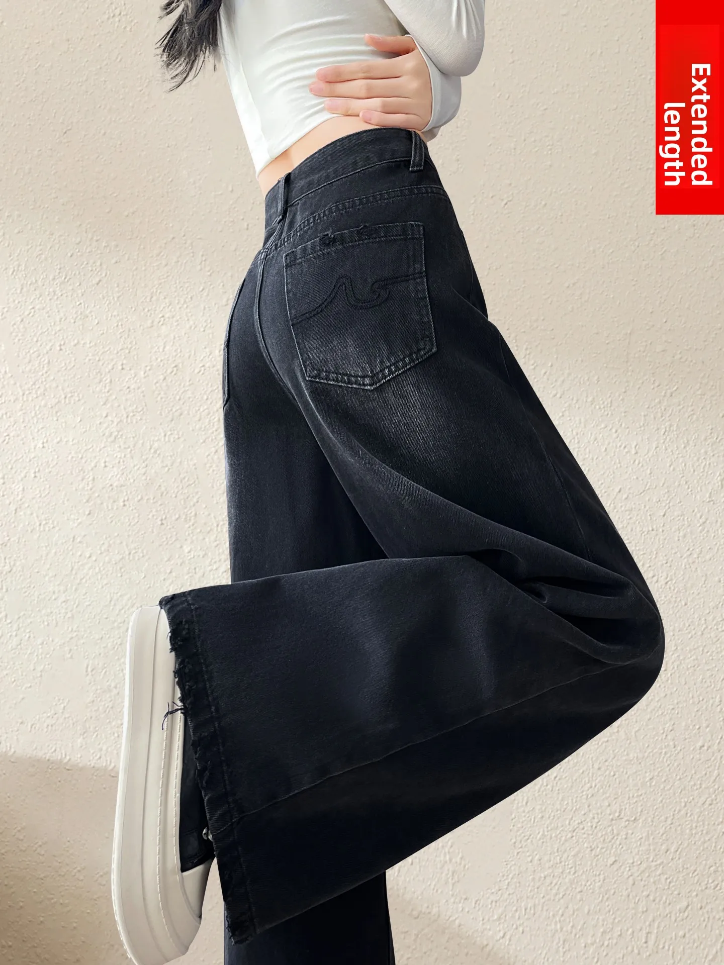 ارتفاع الخصر واسعة الساق الجينز المرأة فضفاضة تناسب المتوترة هيم المطرزة الدنيم السراويل عادية Sle ربيع الخريف عالية الارتفاع بنطلون