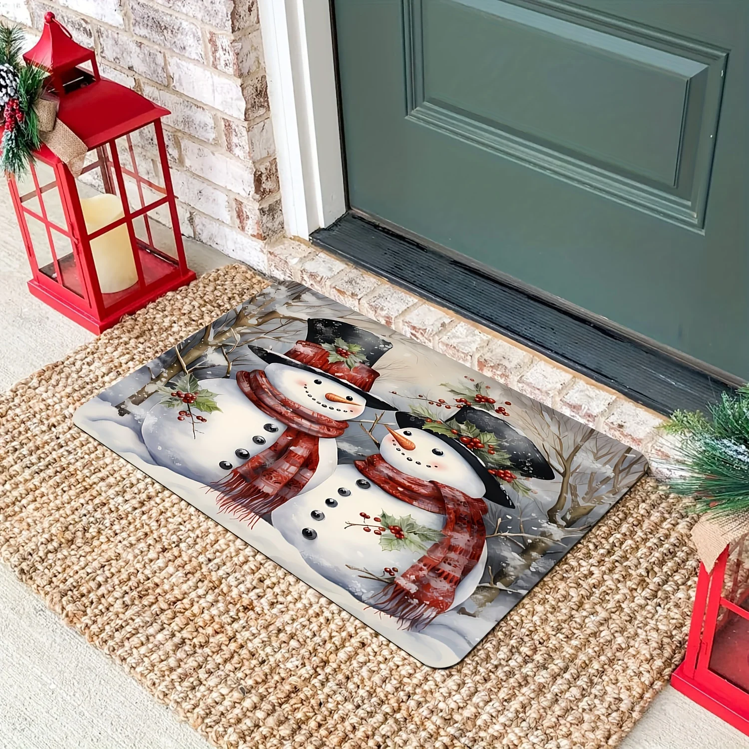 

Christmas Snowman Holly Berry Decoration Welcome Doormat, Tapestry, Yoga Mat, Non-Slip Machine Washable No Fading