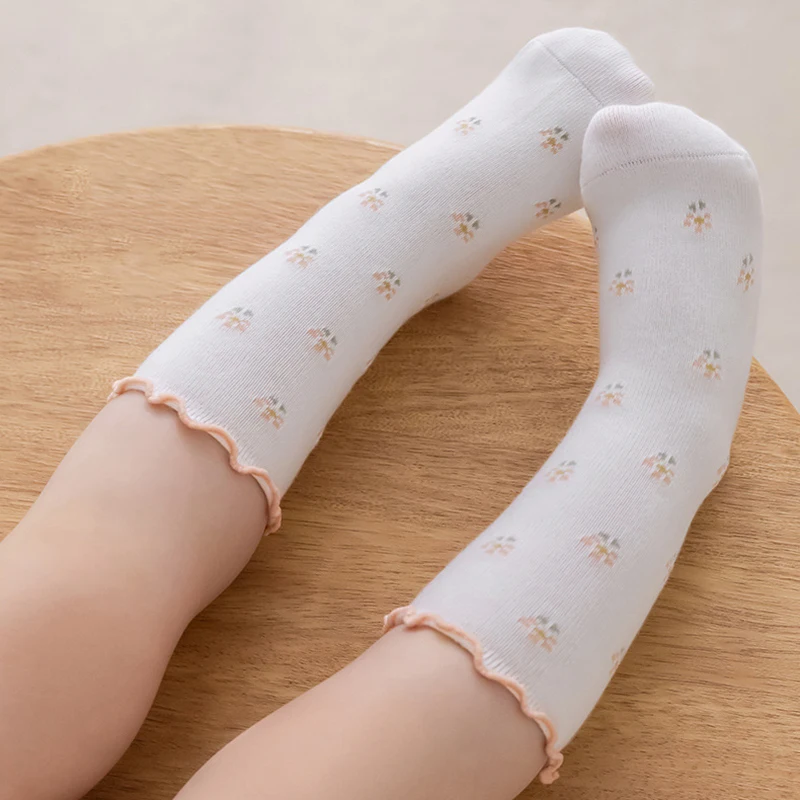 4Pairs Princess Girls Frilly Socks Flower Pattern Infant Baby Floor Socken Casual Children's Cotton Sock For Kids 0-5Y