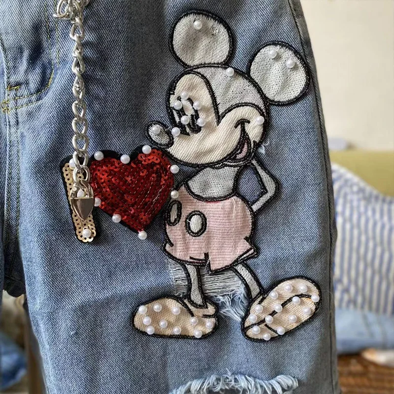 Supzoom Celana Pendek Denim Musim Panas Mickey Mouse Manik-manik Bordir Katun Fashion Atasan Musim Panas Kasual Longgar Keluaran Baru