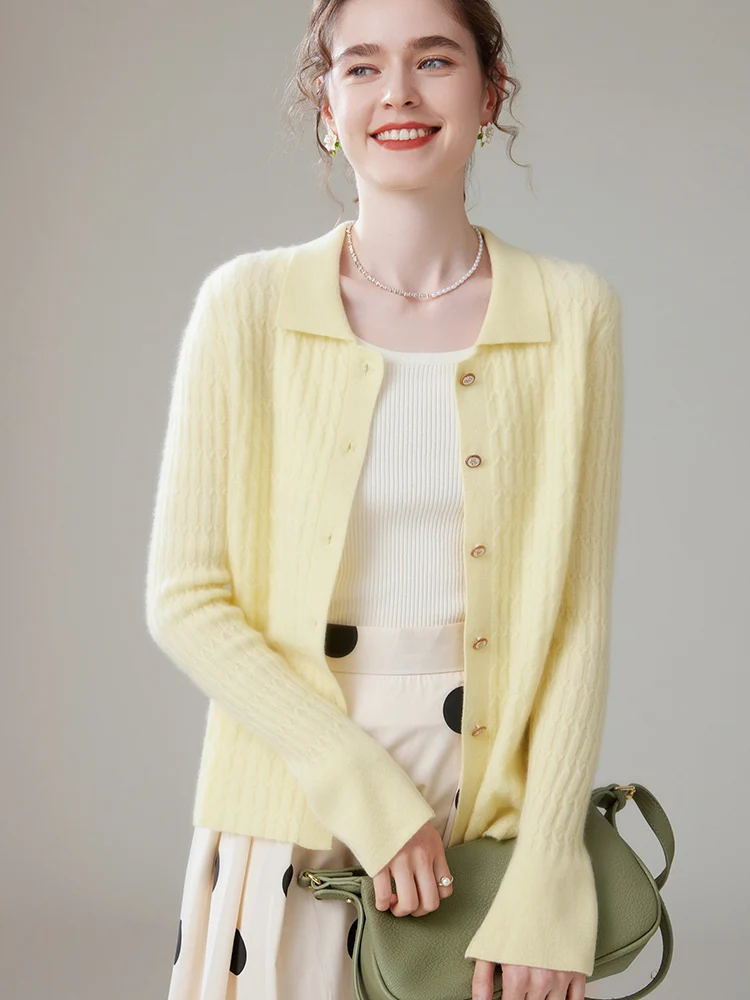 New Knitted Autumn Winter Women Cardigan Pure Cashmere Polo Collar Flare Sleeve Twist Flower Thick Cashmere Sweater Female Cloth