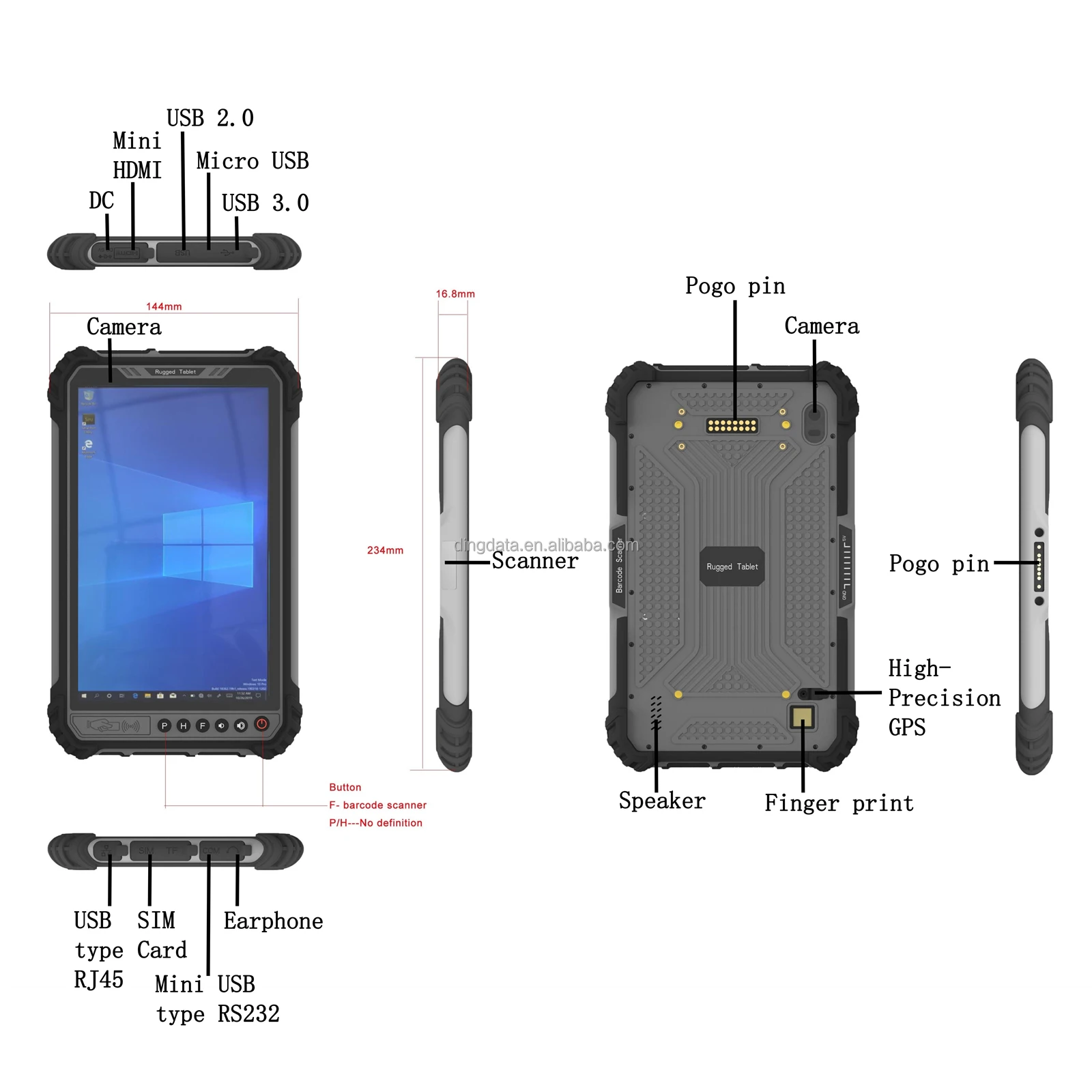 Windows 10 Industrial Barcode Scanner Terminal, 8 "Brilho Touch Screen, câmera, 128GB de capacidade de memória, Terminal WiFi