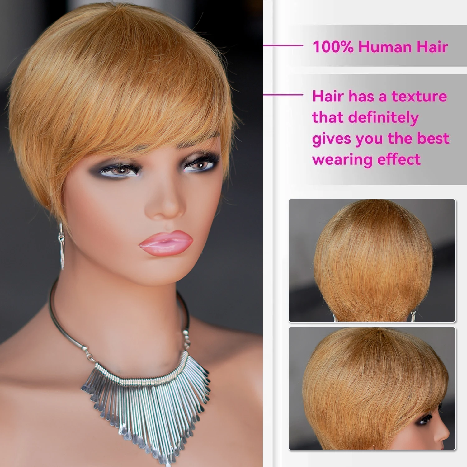 Pixie Cut Human Hair Wig Short Straight Golden Blonde Layered Full Machine Made Wig 100% Remy Human Hair for Black Women Natural