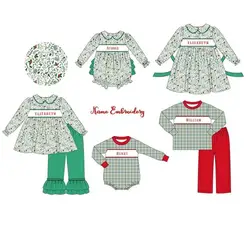 Boutique children's set lapel long sleeves elastic letter custom small floral print trousers lace girl boy plaid set baby romper