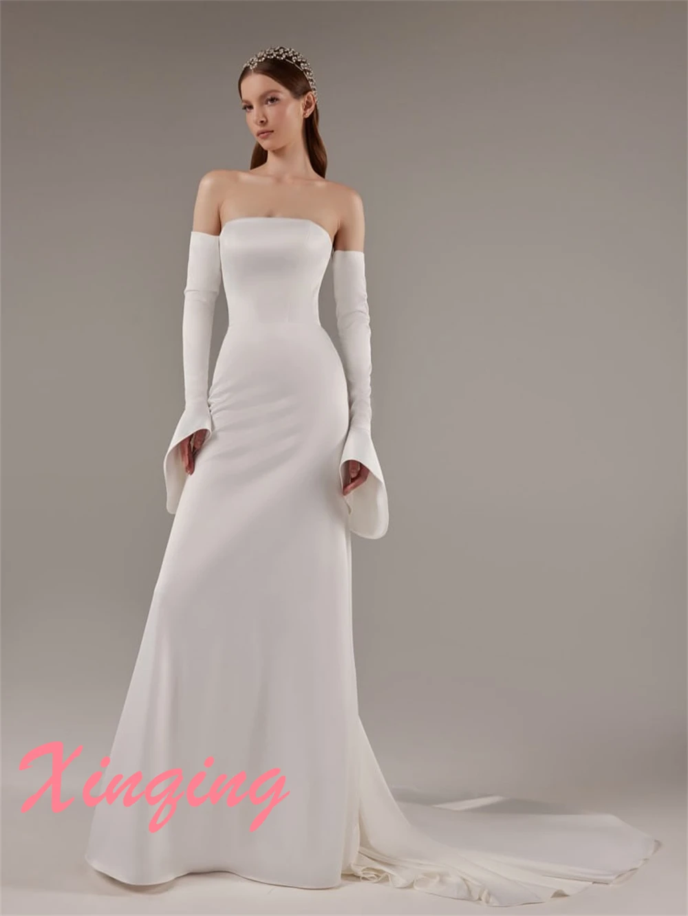 Customized Formal Wedding Dresses Luxury Strapless Detachable Sleeve Heavy Industry Wedding Dresses Lace Up Back White Gown