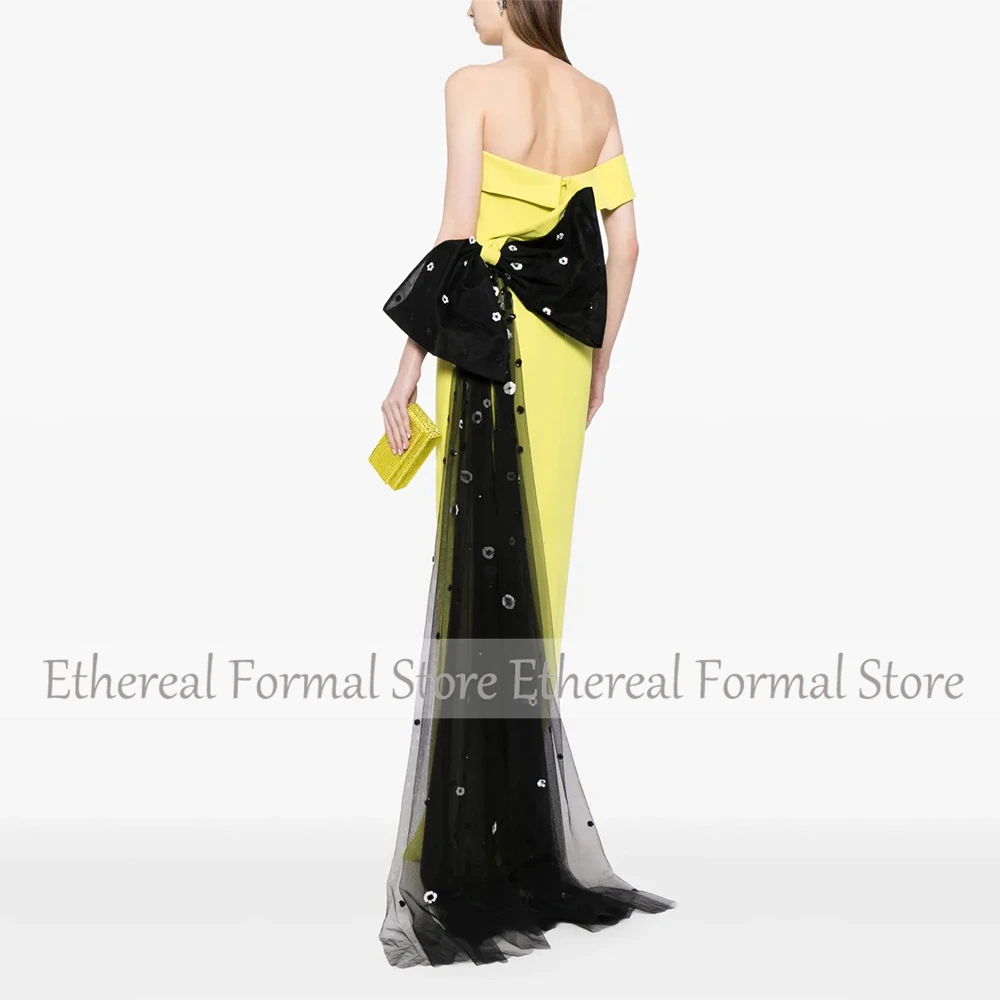 One Shoulder Women's Evening Gown Sheath  Formal Party Dress Yellow Saudi Dress Floor Length Prom Dress With Bow