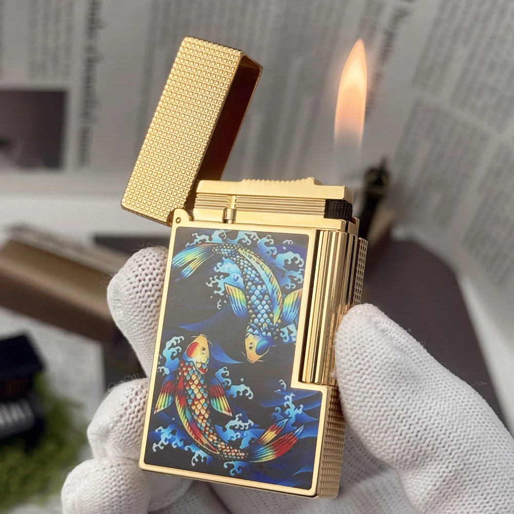 

Luxury Brass Gas Lighter Koi Fish Pattern Soft Flame Cigar rare Lighter Classic Ping Sound Inflatable Lighter Men's Smoking
