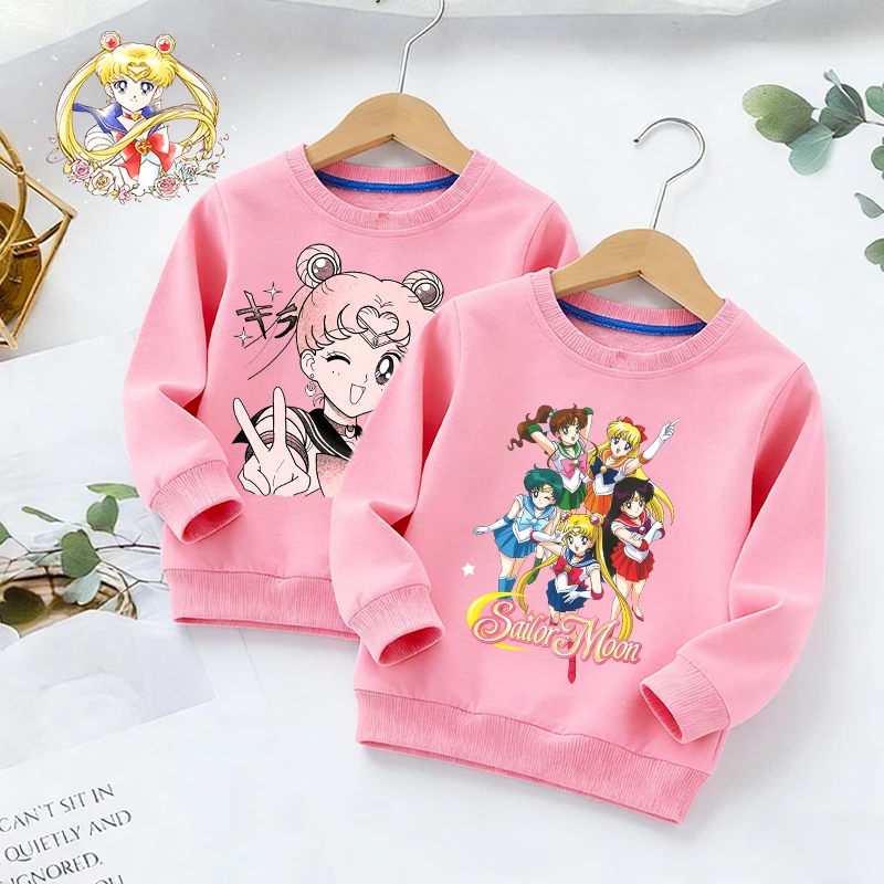 

SailorsMoon Pink Pullover Girl Spring Thin Sweatshirt Anime Cartoon Print Baye Casual Clothes Kids Cute Long Sleeve Hoodies Tops