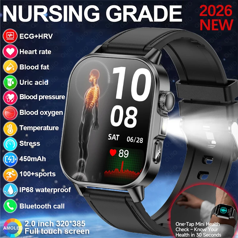 

2026 New ECG Smart Watch Blood Pressure Blood Oxygen Uric Acid Monitoring IP68 Waterproof 450mAh Health Smart Watch Men Women