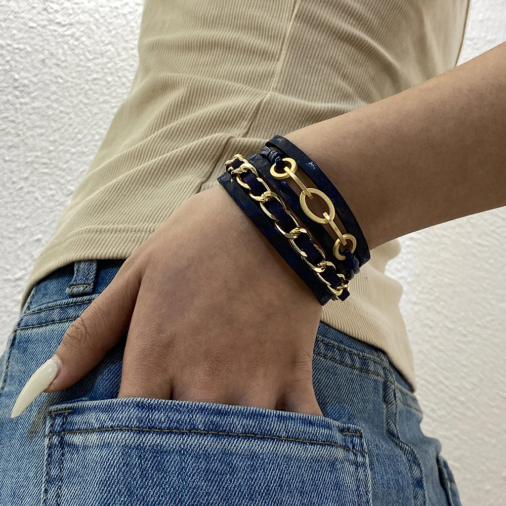 ALLYES Punk Chunky Chain Bangle Bracelets for Women Men Vintage Bohemian Multilayer Wrap Leopard Leather Bracelet Charm Jewelry