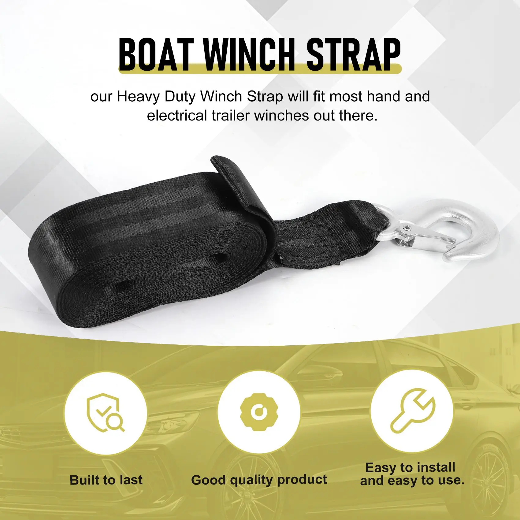 AED2-Boat Trailer Winch Strap Replacement With Hook For Boat, Fishing Jet Ski,Towing Replacement Securing Tie Down Marine