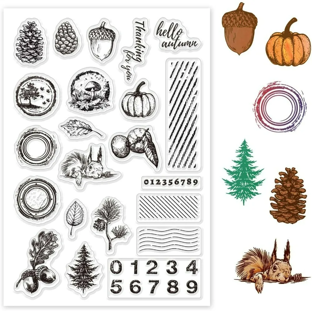 Fall Thanksgiving Clear Stamps for Cards Making Autumn Pumpkin Pinecone Clear Stamp Seals Transparent Stamps for DIY Scrapbook