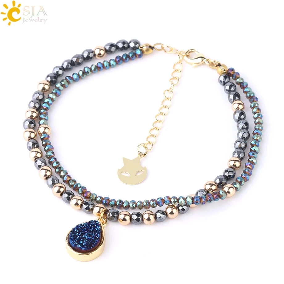 CSJA Natural Stone  Hematite Bracelets Geode Druzy Crystal Bracelet Summer Statement 2 Strand Beads Women Pulsera Jewelry S235