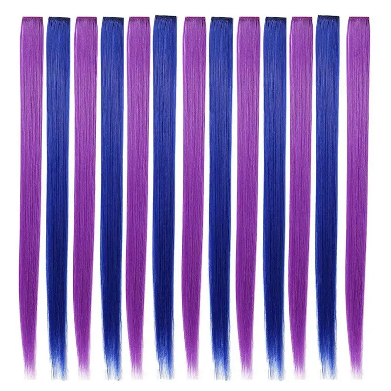 【EXCLUSIVE】39 Pcs Colored Party Highlights Colorful Clip In Hair Extensions 55Cm Straight Synthetic Hairpieces, Purple + Blue
