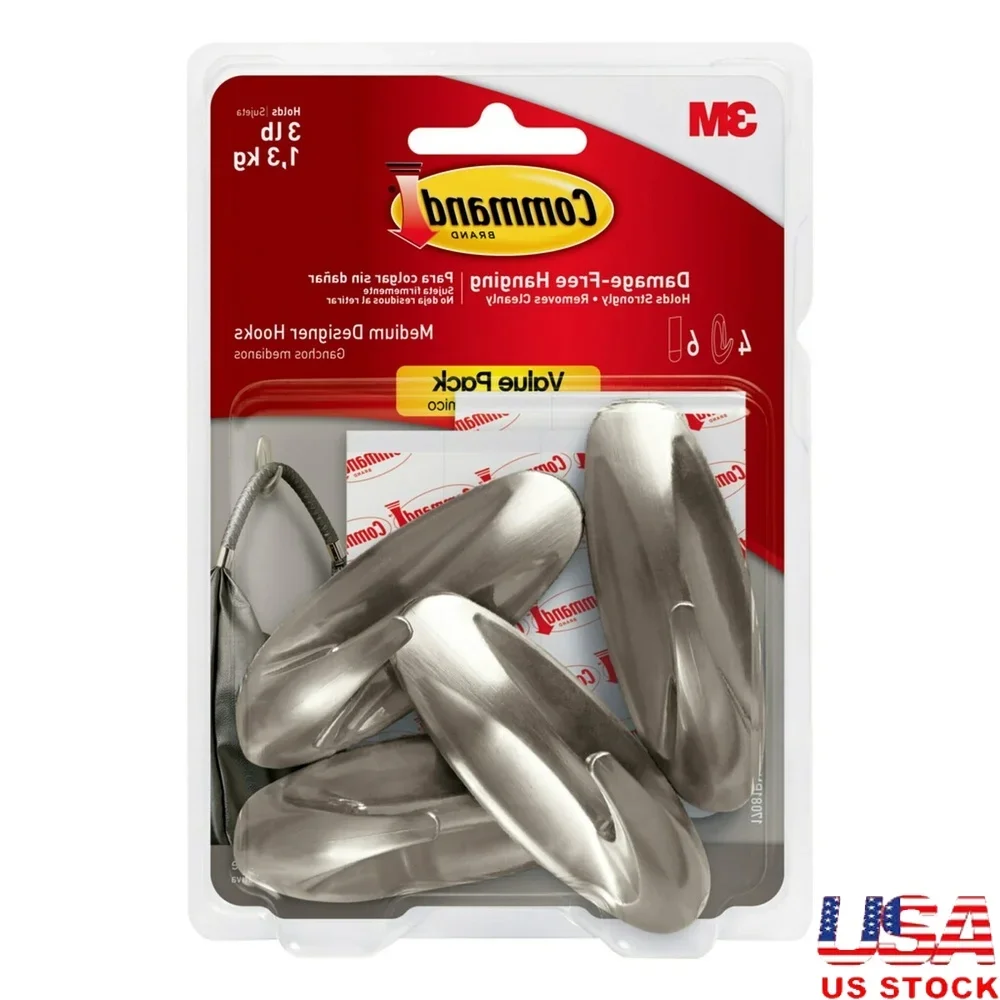 

Brushed Nickel Wall Hooks 4 Pack No Tools Required Removable Adhesive Holders Ideal Hats Bags Dog Leashes Accessories