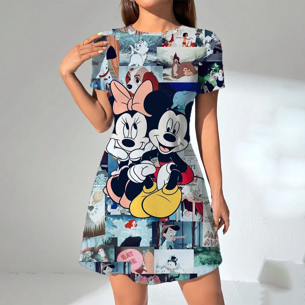 Disney Mickey Mouse print Women Summer Dresses Sex Bikini Short Sleeve Casual Beach T-shirt Dress Loose Swing Sundress ﻿