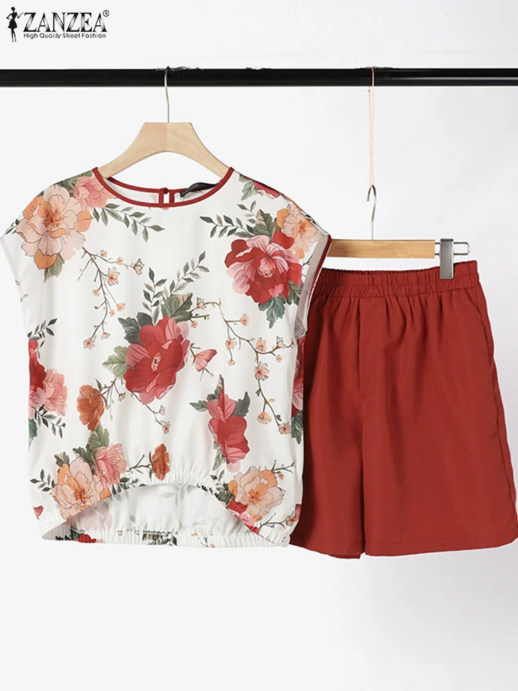 ZANZEA-Conjunto de 2 piezas para mujer, pantalones cortos lisos, blusa con estampado Floral, 2 piezas, para vacaciones, verano 2024