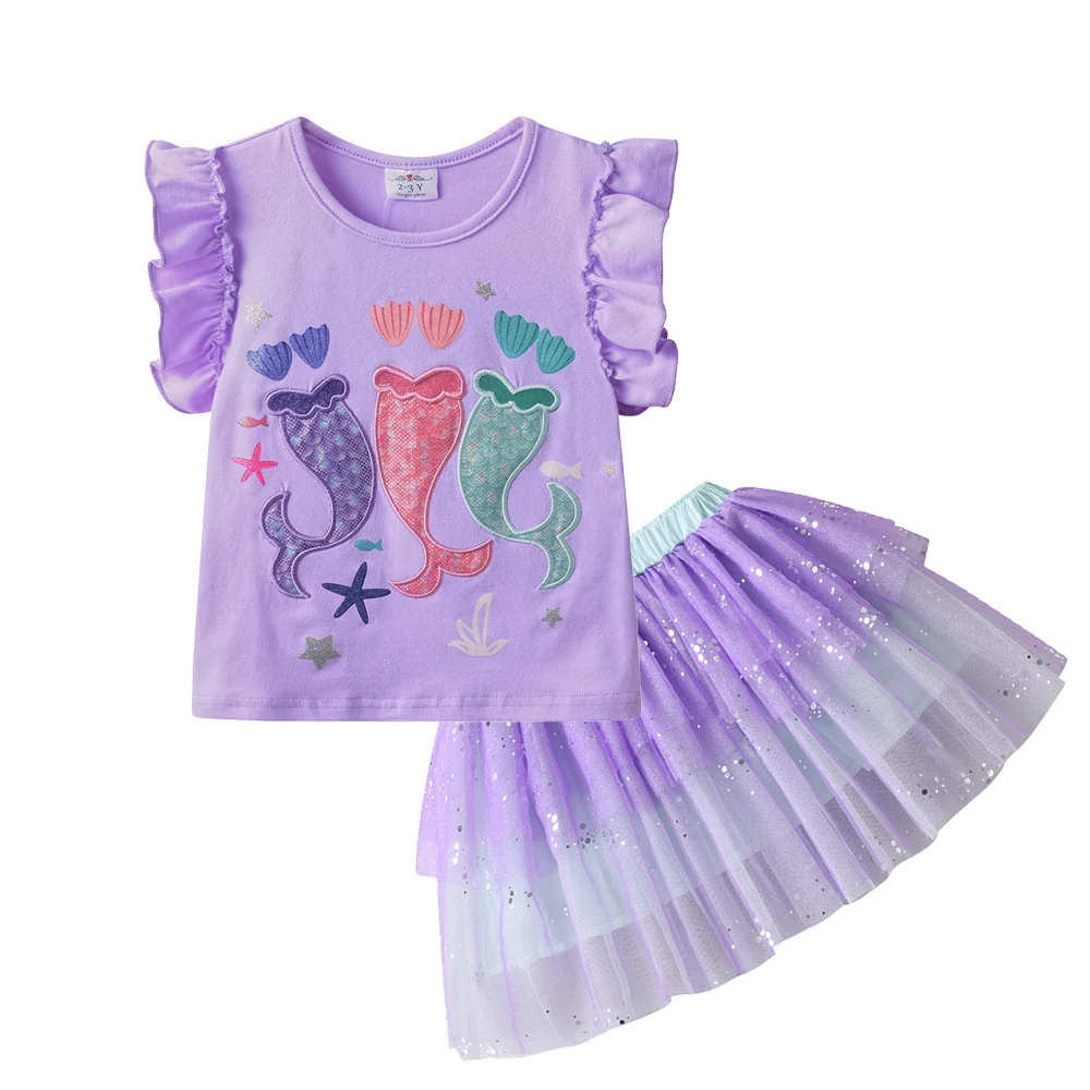 DXTON 2-teiliges Mädchen-Bekleidungsset, gerüschtes ärmelloses Kinder-Top + Netzrock, Sommer-Baumwoll-Kinderanzüge, Urlaubs-Outfits für Mädchen im Freien – Detail 4