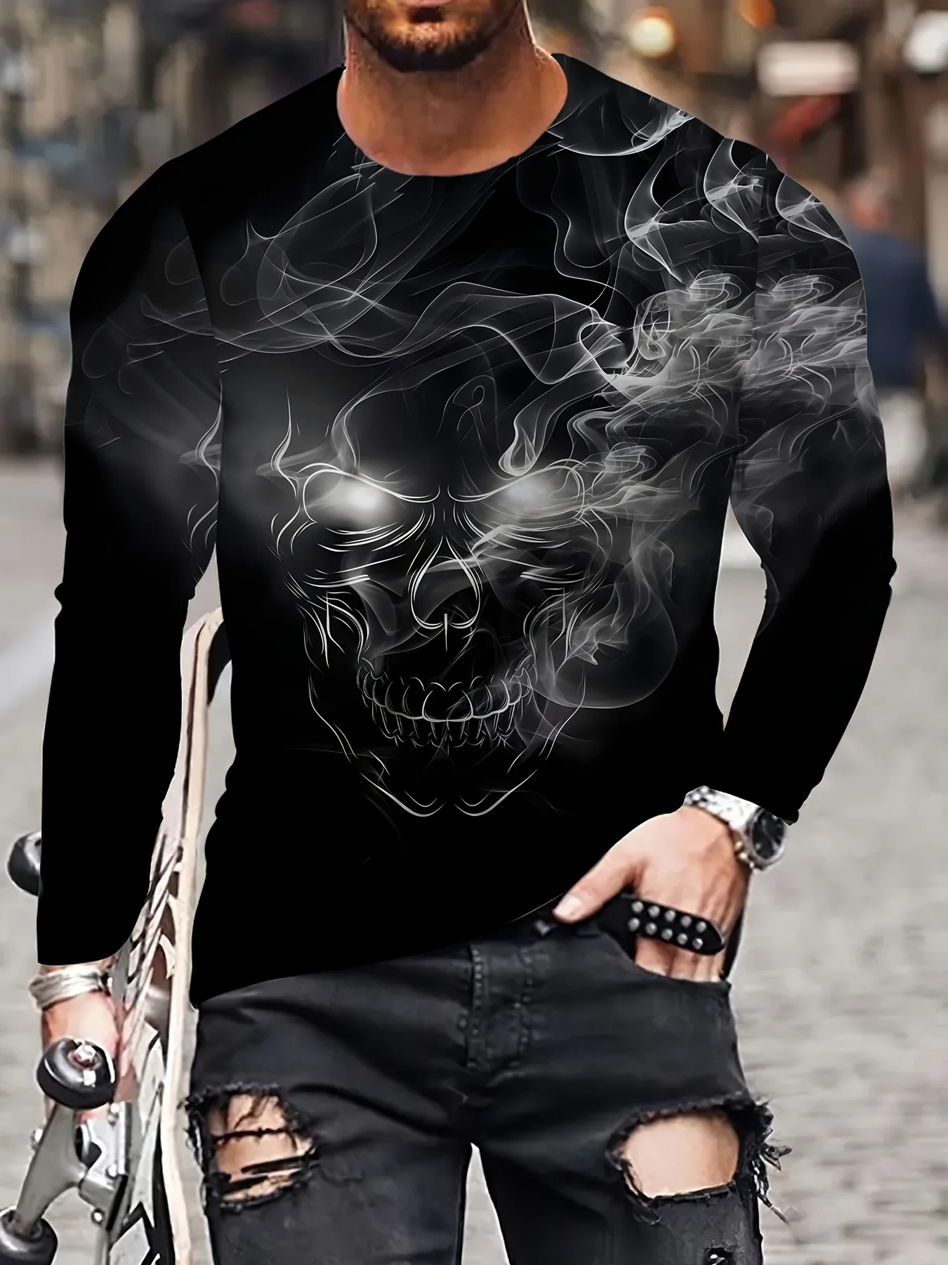

Men's Shadow Haze Tee 3D Smoke Skull Print Gothic Long Sleeve Plus Size All-Season Comfort​