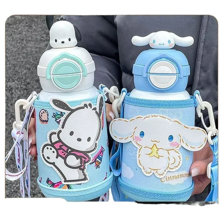 Sanrio Hello Kitty Anime Kawaii Children Thermos Cup Cute Cinnamoroll Cartoon Hangyodon Stainless Steel Straw Crossbody Bottle