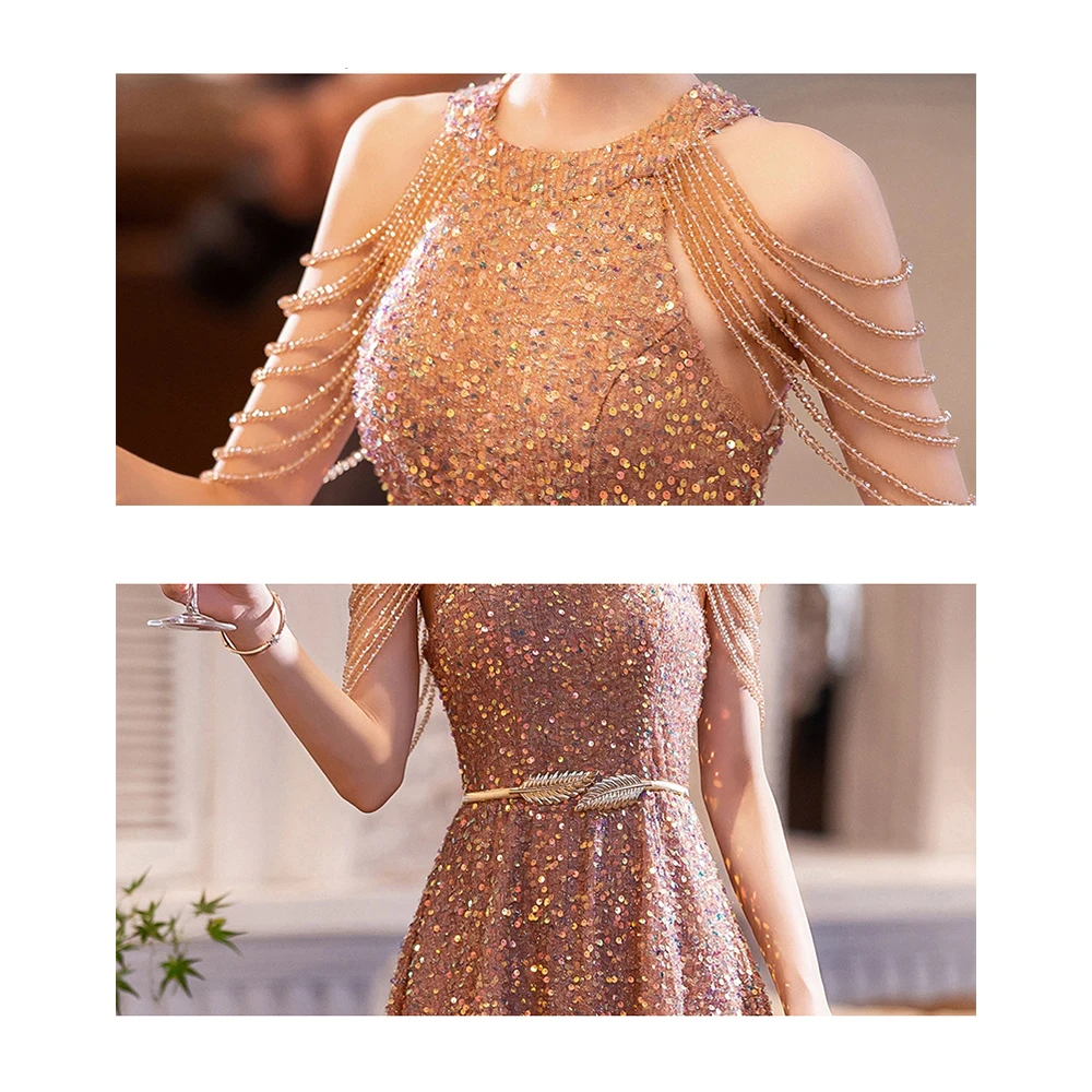 New Banquet Party Evening Golden Dresses Large Sequin Elegant for Prom 2023 Wedding