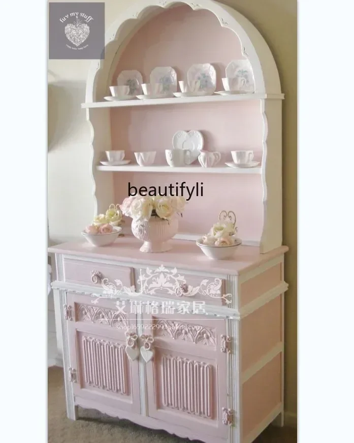

American French solid wood carving flower bookcase dining side cabinet locker pastoral pink princess cabinet