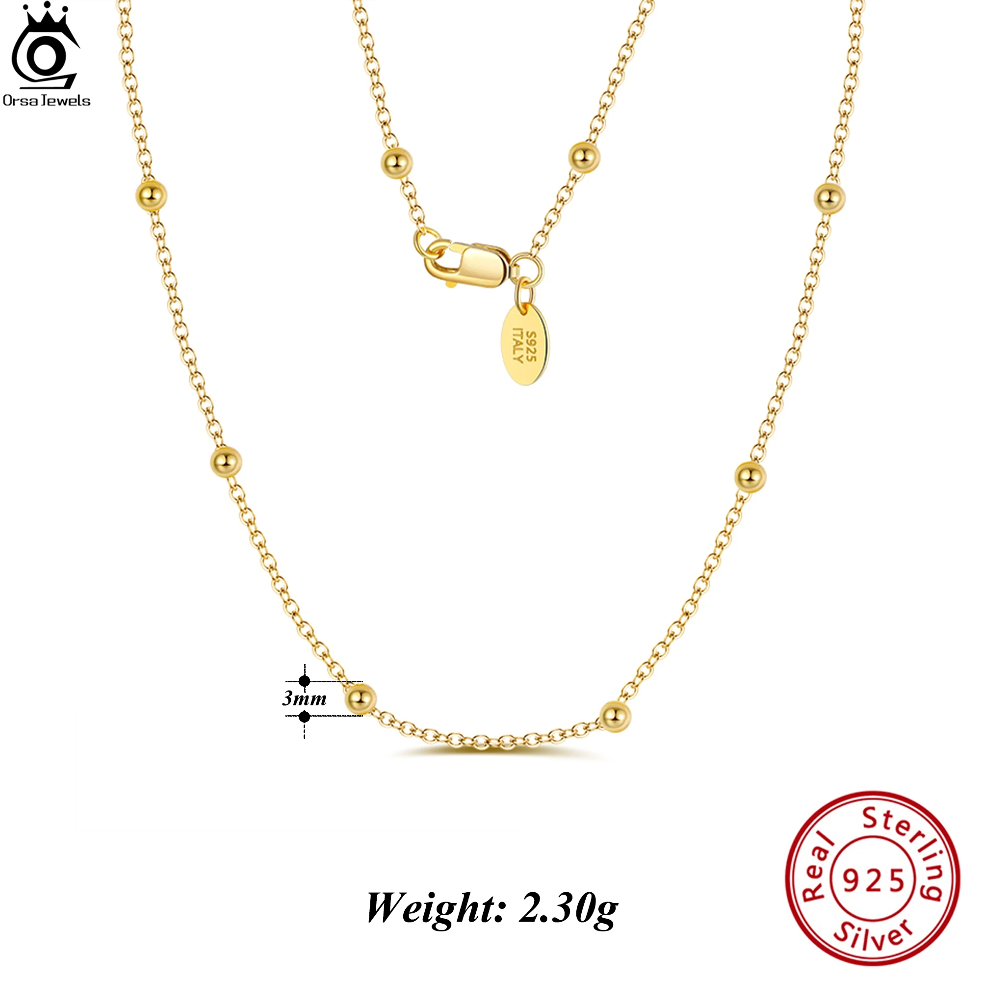ORSA JEWELS Chic 925 Sterling Silver 1.0mm Cable Chain Neckalce With 2.0mm Ball Beads Strand Chain Minimalist Style Gift SC43
