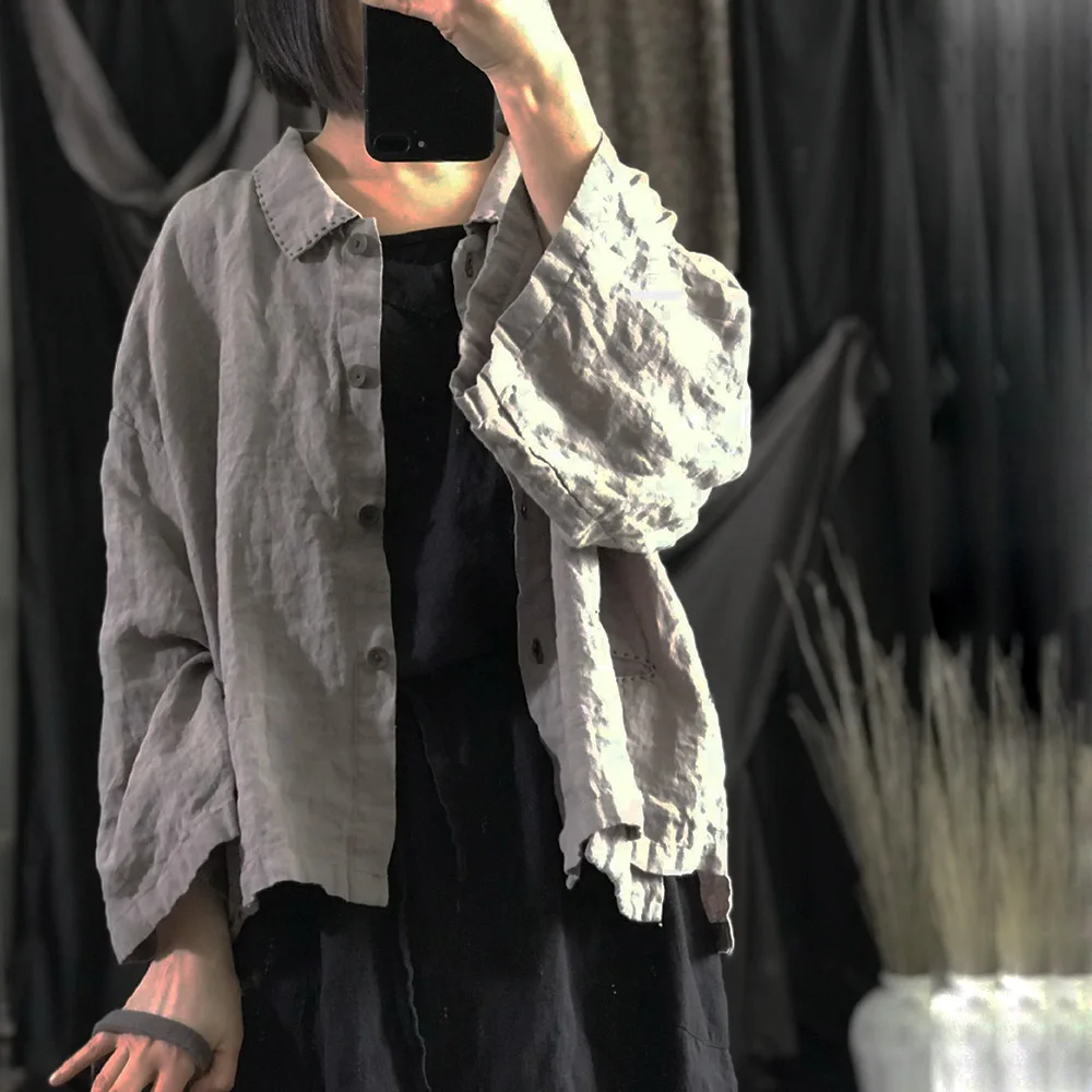 

Women Button Down Linen Shirts Handmade Stitch Long Sleeve Turn-Down Collar Vintage Loose Casual Tops Short Coat Spring Summer