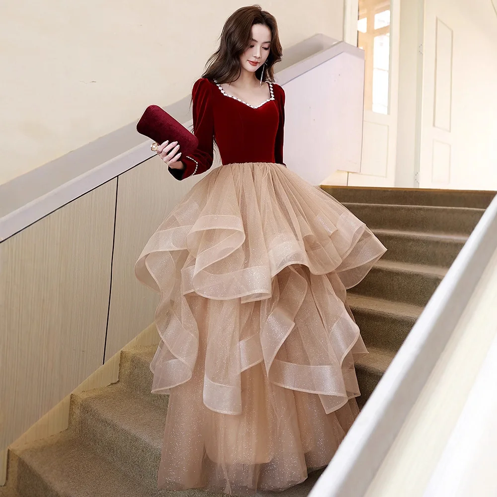 

Burgundy Long Sleeve Ball Gowns Light Luxury Square Collar Birthday Party Dress Women's Color Blocked Pleat Toast Dresses