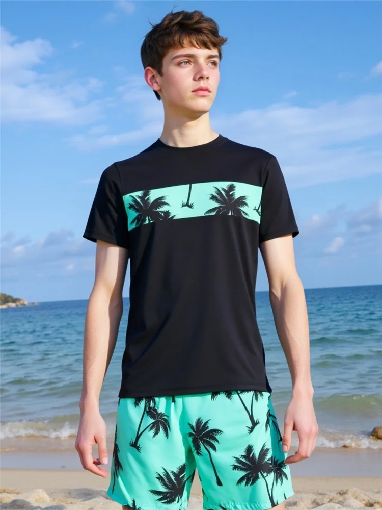 Kids Boy Swimsuit 2026 New Solid Coconut Tree Print Short Sleeves Children Swimwear Summer Two Piece Beach Shorts Bathing Suits