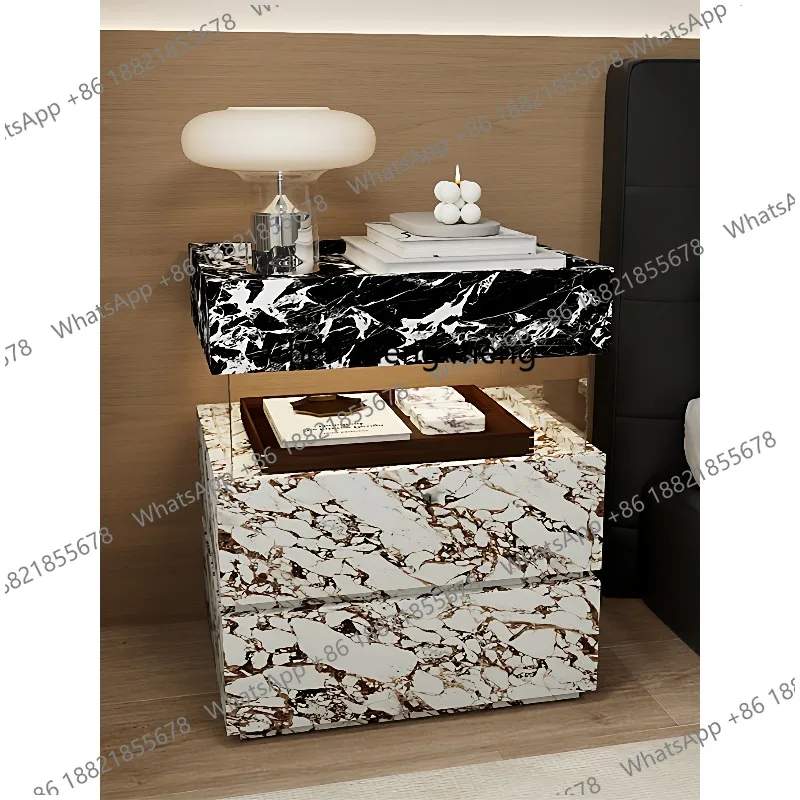 Light luxury modern simple bedside table Italian minimalist luxury stone texture three-layer heightened locker bedroom furniture