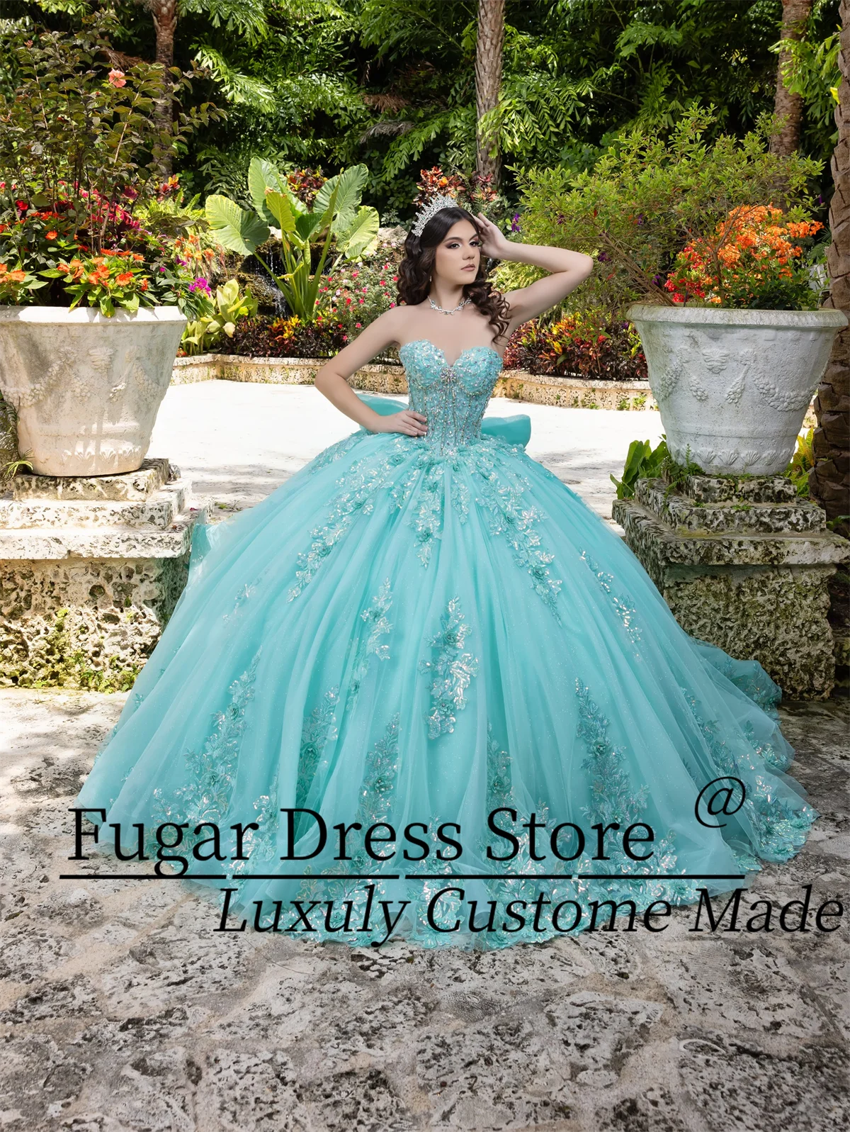 

Fashion Quince Ball Gown Quinceañera Dresses Garden Style Lace Applique Corset Shiny Beading Sweet 16 vestidos de 15 quinceañera