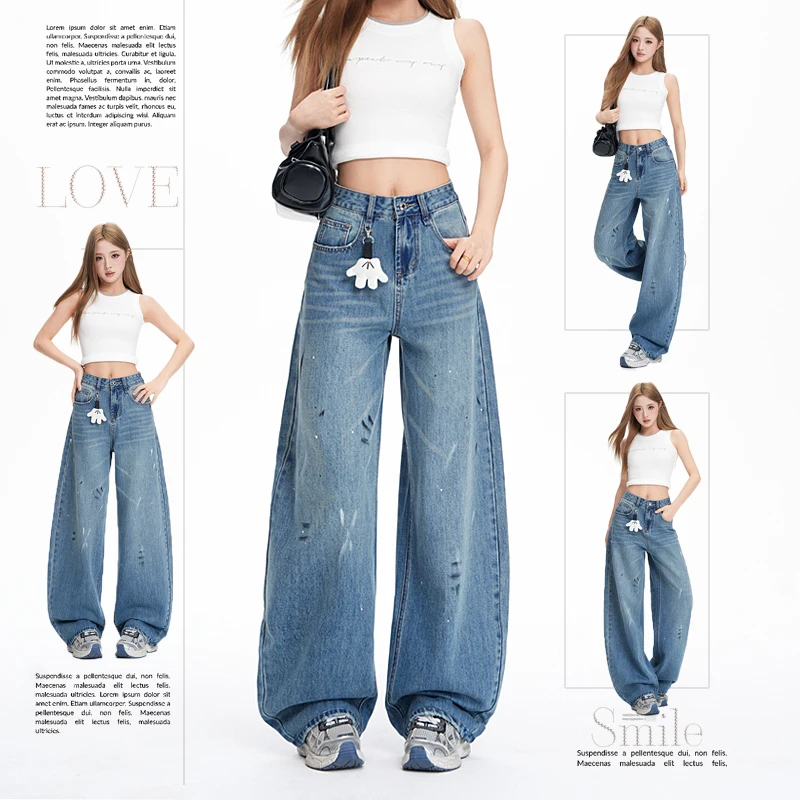 

Women's Spring Mori Style High Waist Graffiti Non-Stretch Blue Wide Leg Curved Extra Long Jeans