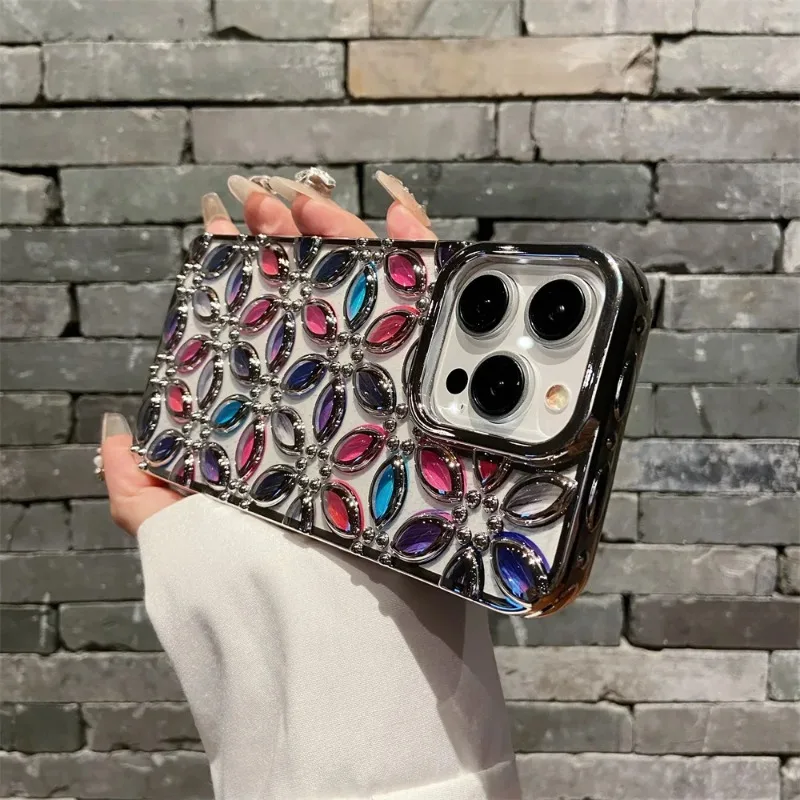 حافظة هاتف ثلاثية الأبعاد مطلية بالكهرباء على شكل زهور ملونة لهاتف آيفون 15 14 13 12 11 Pro Max أغطية حماية مضادة للصدمات من مادة البولي يوريثان الحراري