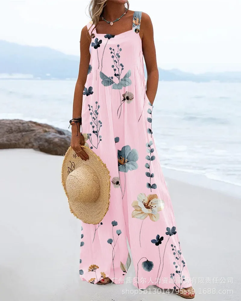 Floral Print Wide Leg Suspender Jumpsuit 2024 New Summer Jumpsuits One Piece Women Wide Leg Long Pants Overalls Loose Rompers