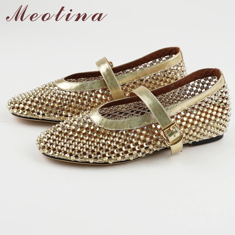 

Meotina Women Mary Janes Flats Round Toe Glove Shoes Buckle Crystal Concise Lady Fashion Casual Shoes Spring Autumn Gold Black