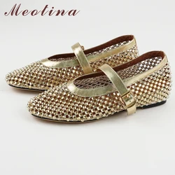 Meotina Women Mary Janes Flats Round Toe Glove Shoes Buckle Crystal Concise Lady Fashion Casual Shoes Spring Autumn Gold Black