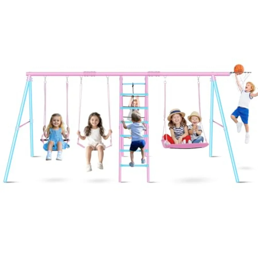 

Swing Sets for Backyard 700 lbs - 6 in 1 Multifunction Outdoor Playground Swing Set with Heavy Duty Metal Frame 3 Adjustable Sw